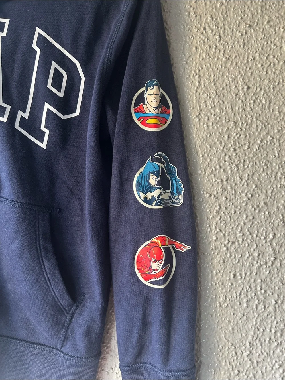 GAP Navy Full-Zip Hoodie with Justice League Sleeve Patches Boys XL